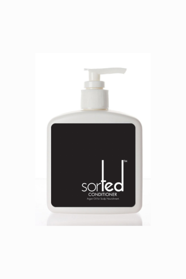 product image of Helium hair conditioner called Sorted. It contains argan oil, makes hair silky and smooth.